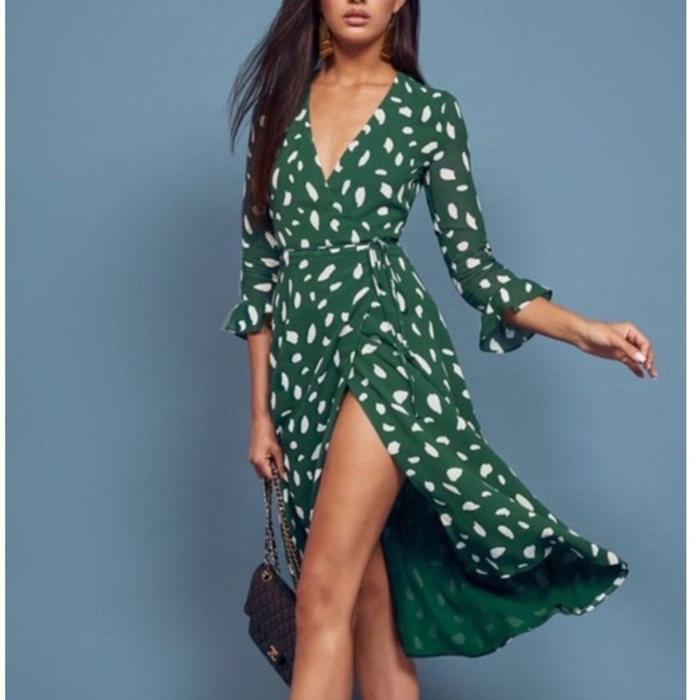 REFORMATION Mulberry Spotted Wrap Midi Dress